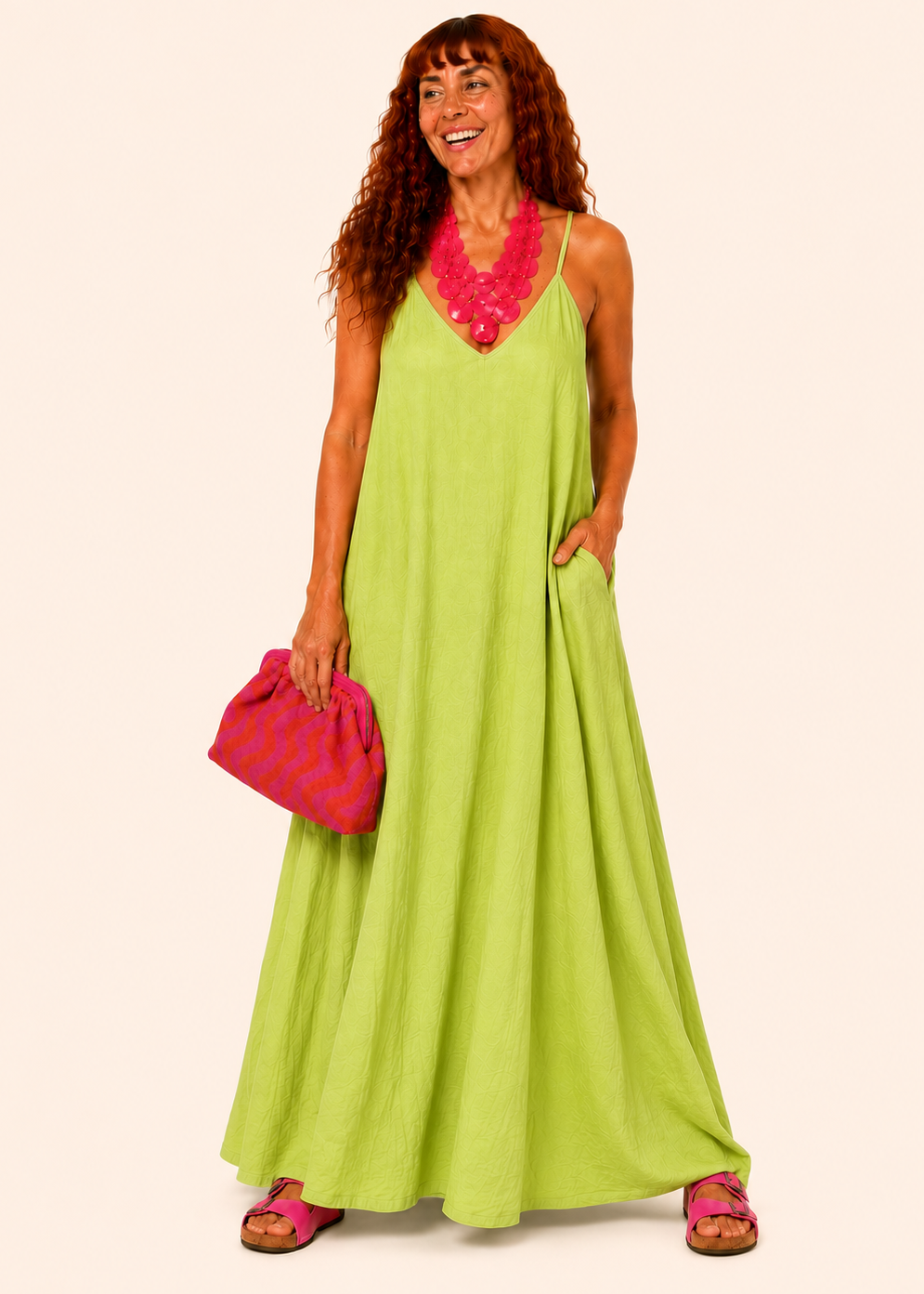 V Neck Spaghetti Strap Maxi Dress with Pockets - Lime