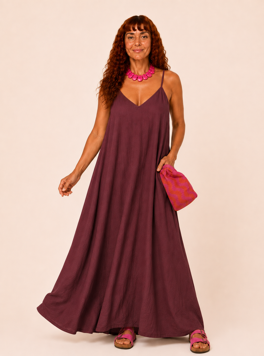 V Neck Spaghetti Strap Maxi Dress with Pockets - Wine