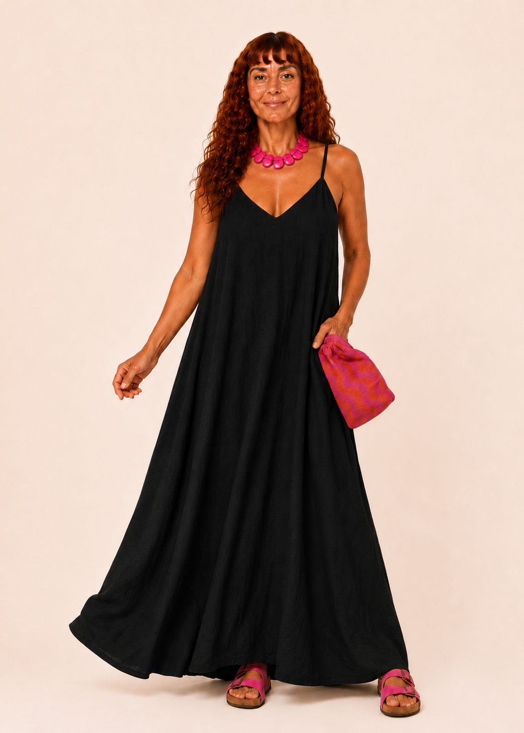 V Neck Spaghetti Strap Maxi Dress with Pockets - Black