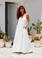 V Neck Spaghetti Strap Maxi Dress with Pockets - White