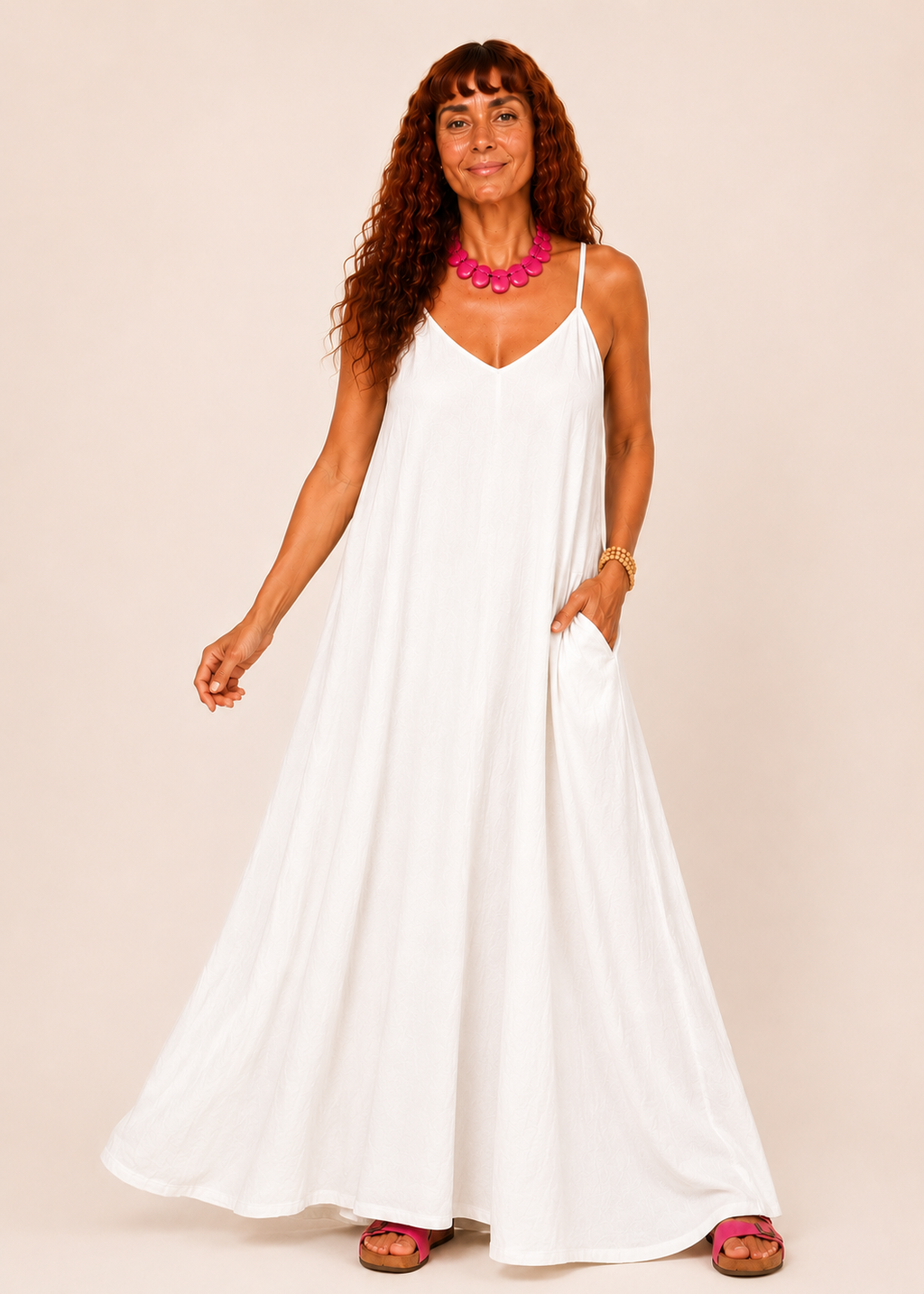 V Neck Spaghetti Strap Maxi Dress with Pockets - White