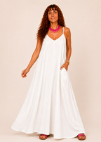 V Neck Spaghetti Strap Maxi Dress with Pockets - White
