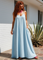 V Neck Spaghetti Strap Maxi Dress with Pockets - Light Blue