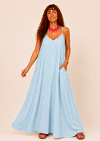 V Neck Spaghetti Strap Maxi Dress with Pockets - Light Blue