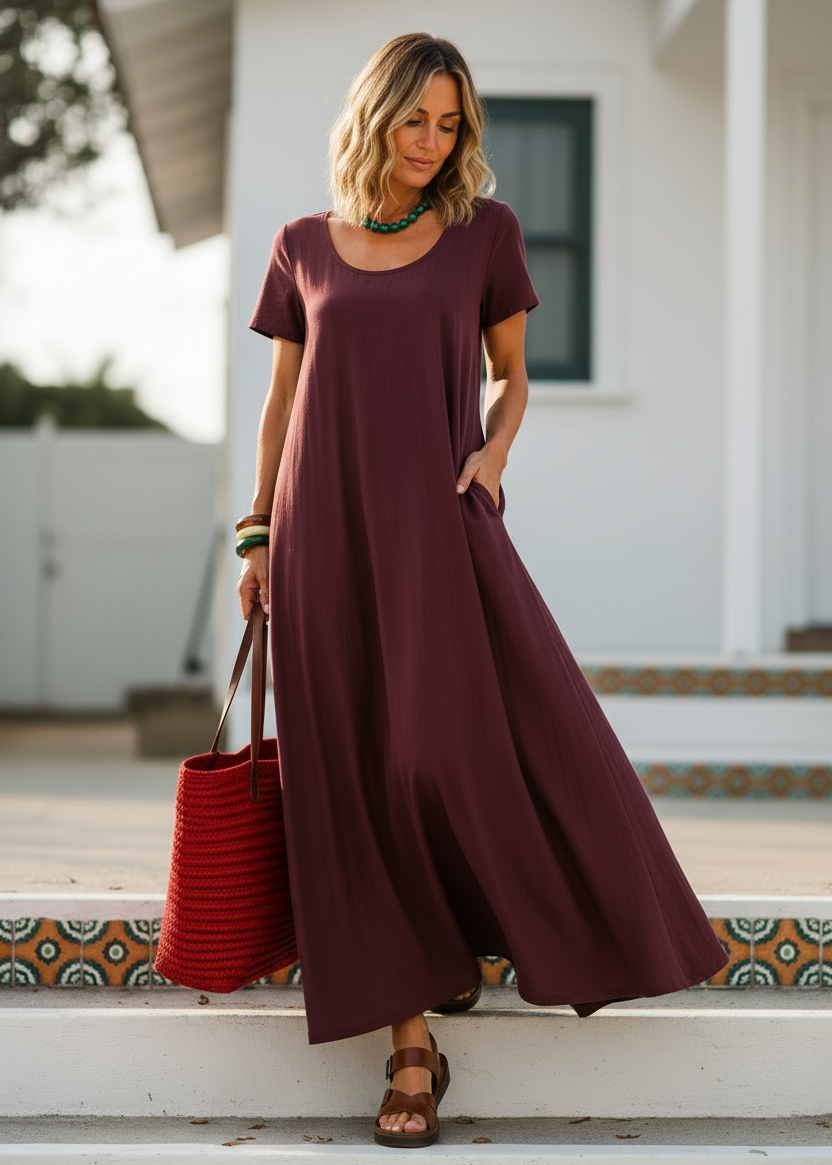 Short Sleeve Scoop Neck Maxi Dress with Pockets - Wine