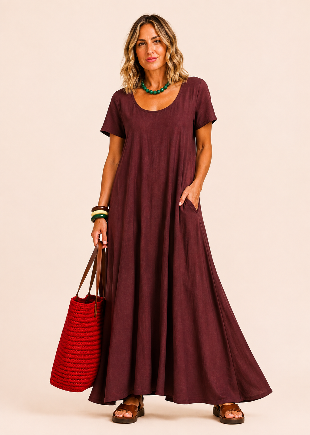 Short Sleeve Scoop Neck Maxi Dress with Pockets - Wine