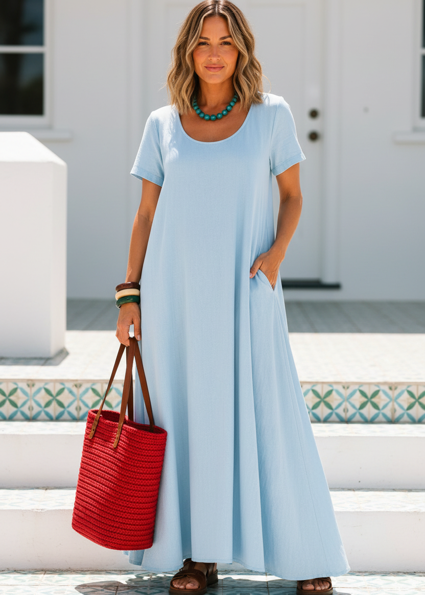 Short Sleeve Scoop Neck Maxi Dress with Pockets - Light Blue