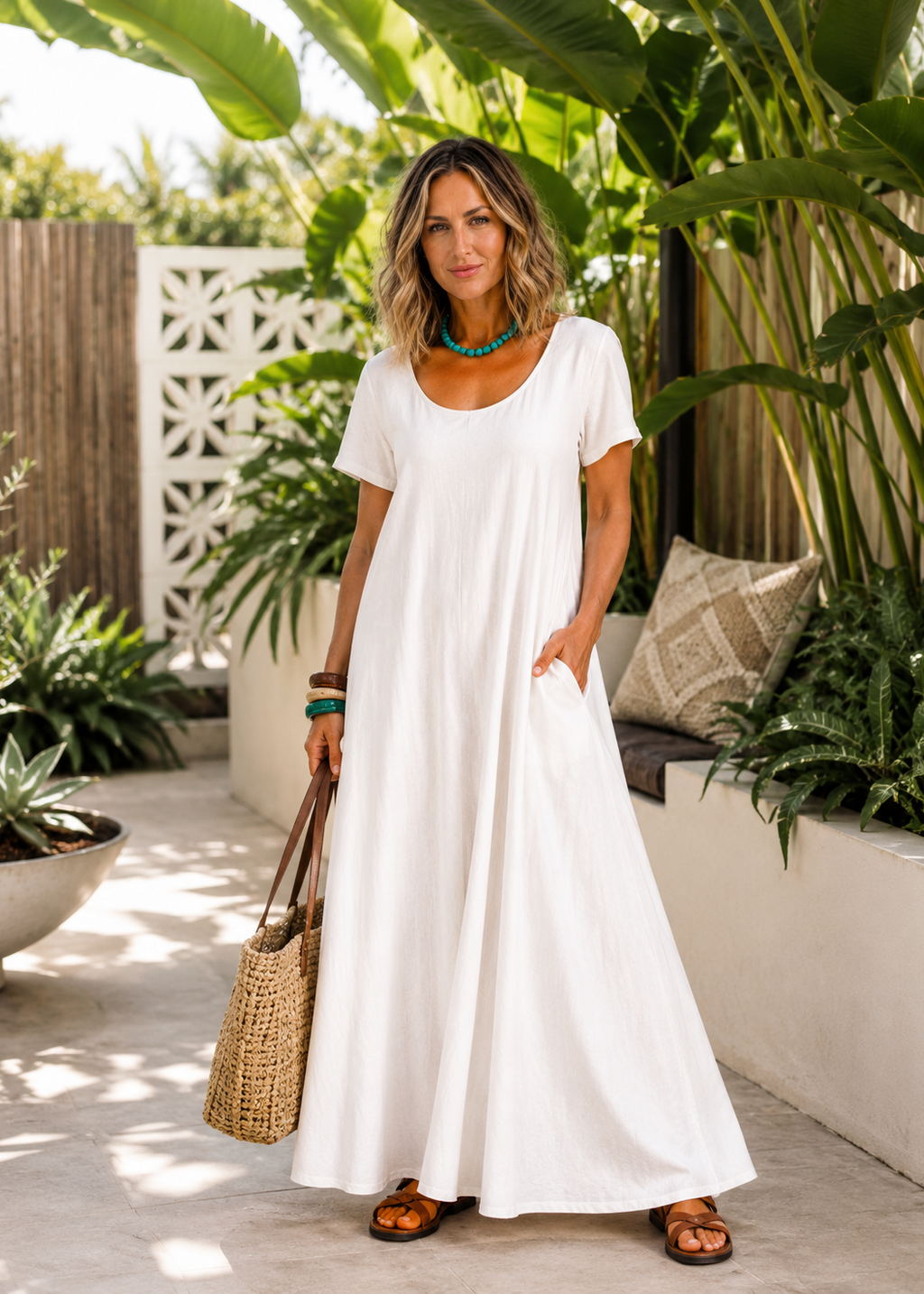 Short Sleeve Scoop Neck Maxi Dress with Pockets - White