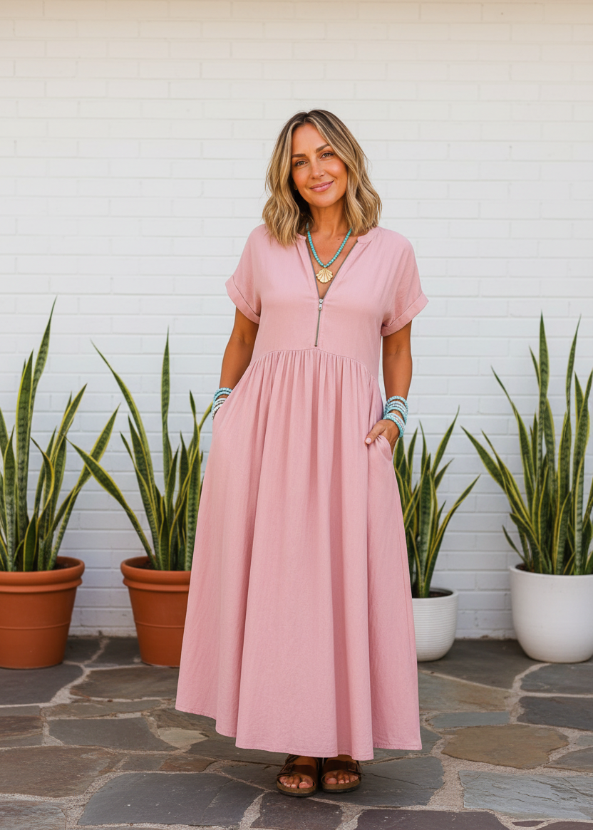 V Neck Maxi Dress with Zip Front & Pockets - Pink