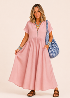 V Neck Maxi Dress with Zip Front & Pockets - Pink