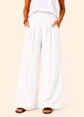 Wide Leg Pull-On Pants with Shirred Waistband & Pockets - White
