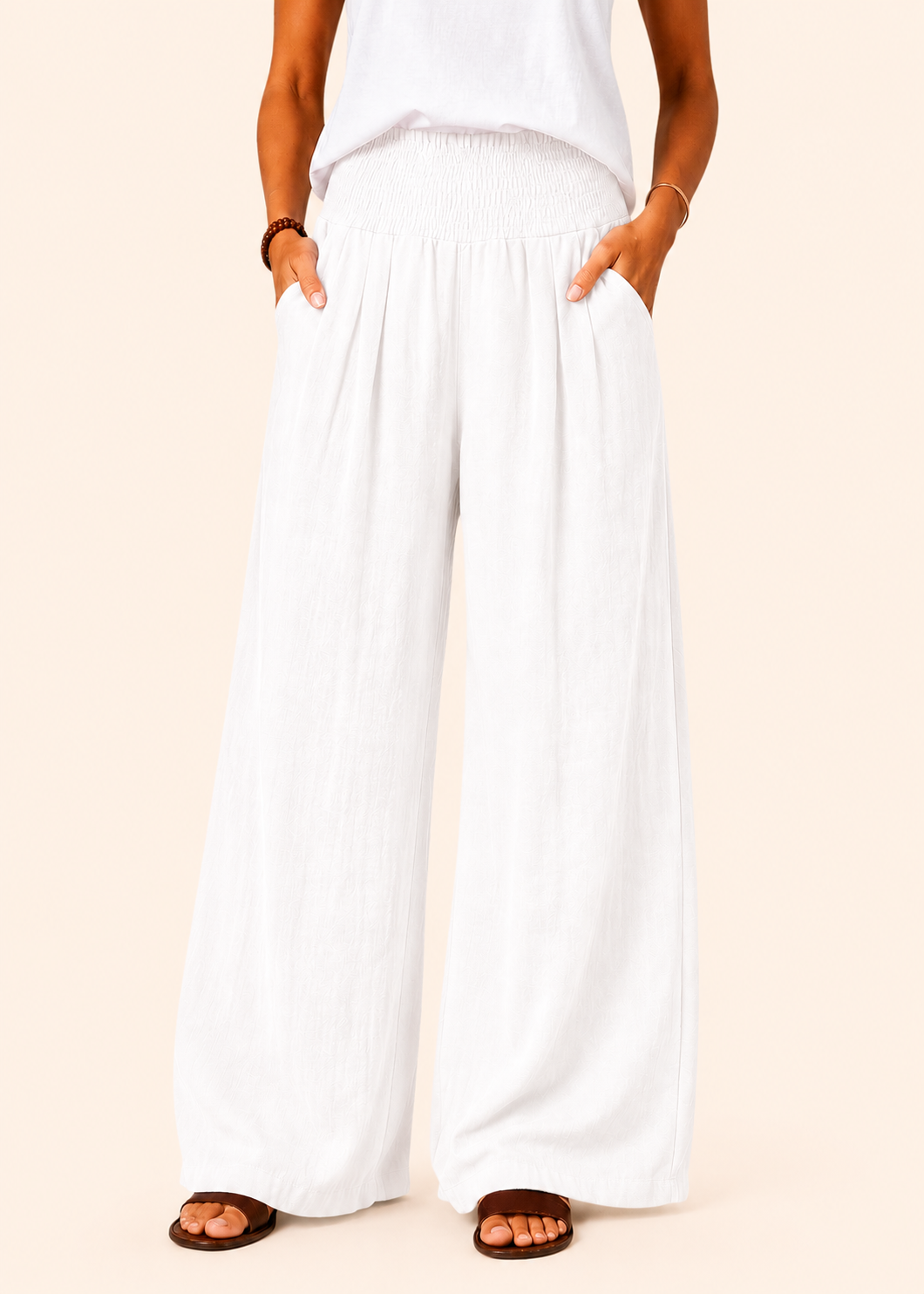 Wide Leg Pull-On Pants with Shirred Waistband & Pockets - White