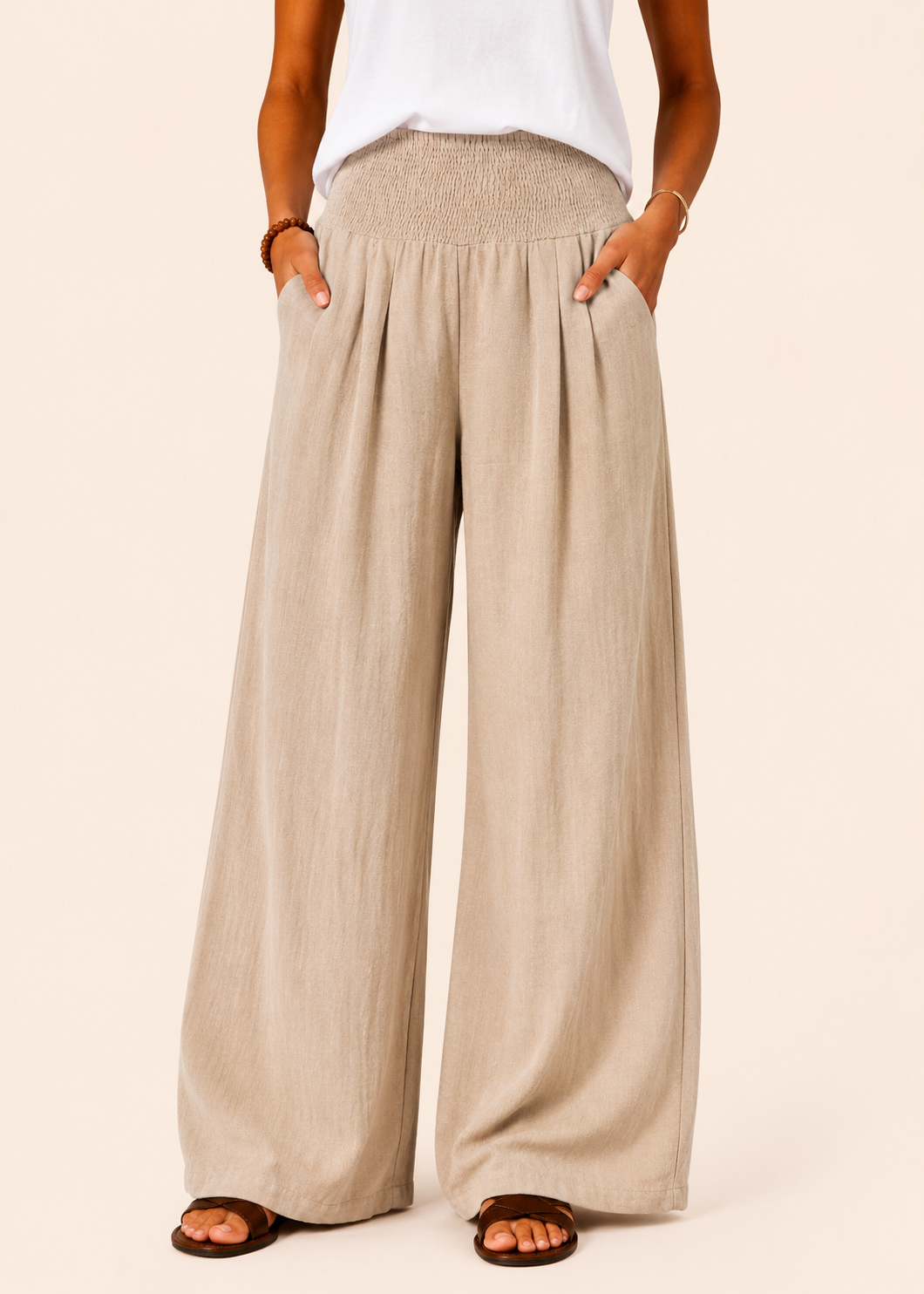 Wide Leg Pull-On Pants with Shirred Waistband & Pockets - Beige