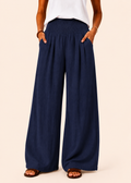 Wide Leg Pull-On Pants with Shirred Waistband & Pockets - Navy