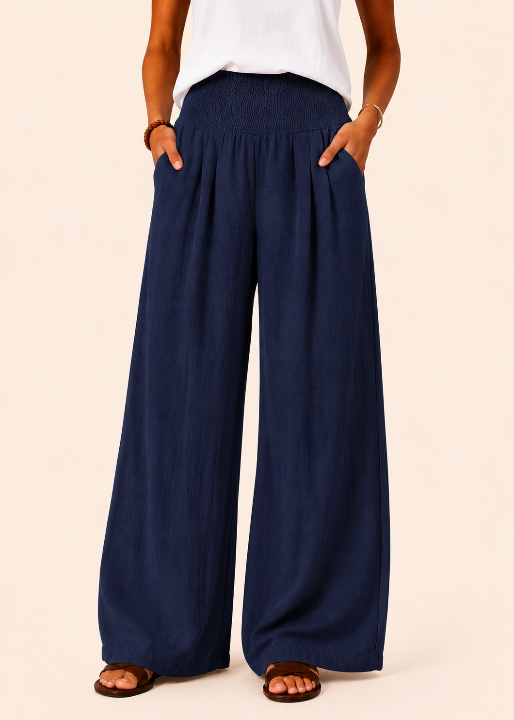 Wide Leg Pull-On Pants with Shirred Waistband & Pockets - Navy