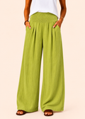 Wide Leg Pull-On Pants with Shirred Waistband & Pockets - Lime