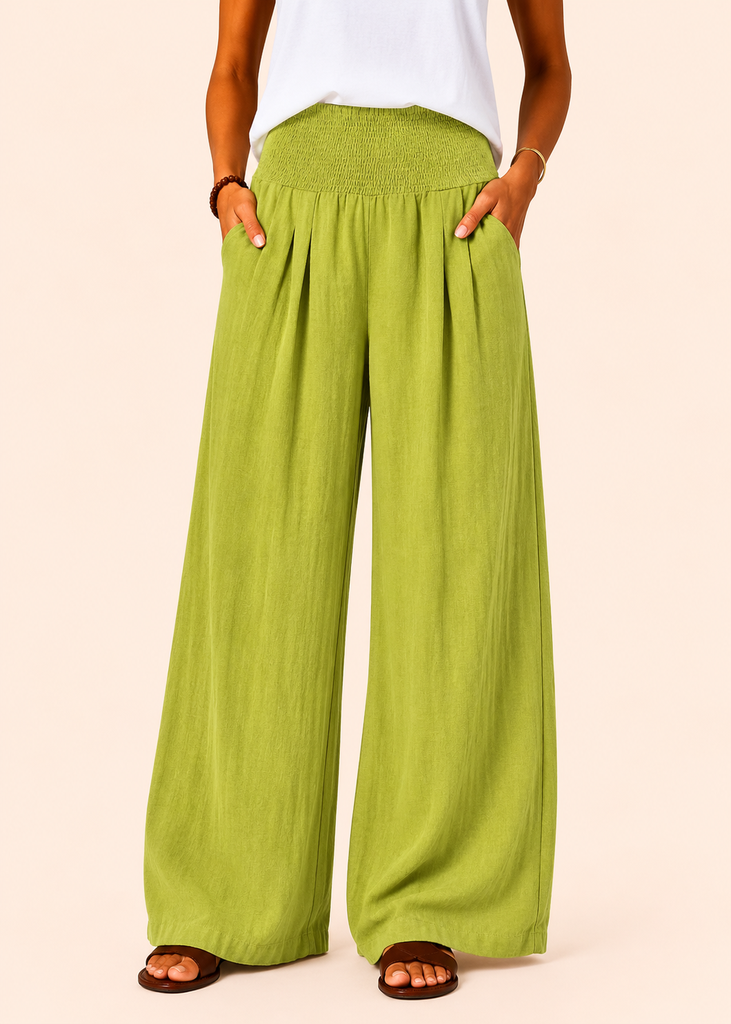 Wide Leg Pull-On Pants with Shirred Waistband & Pockets - Lime