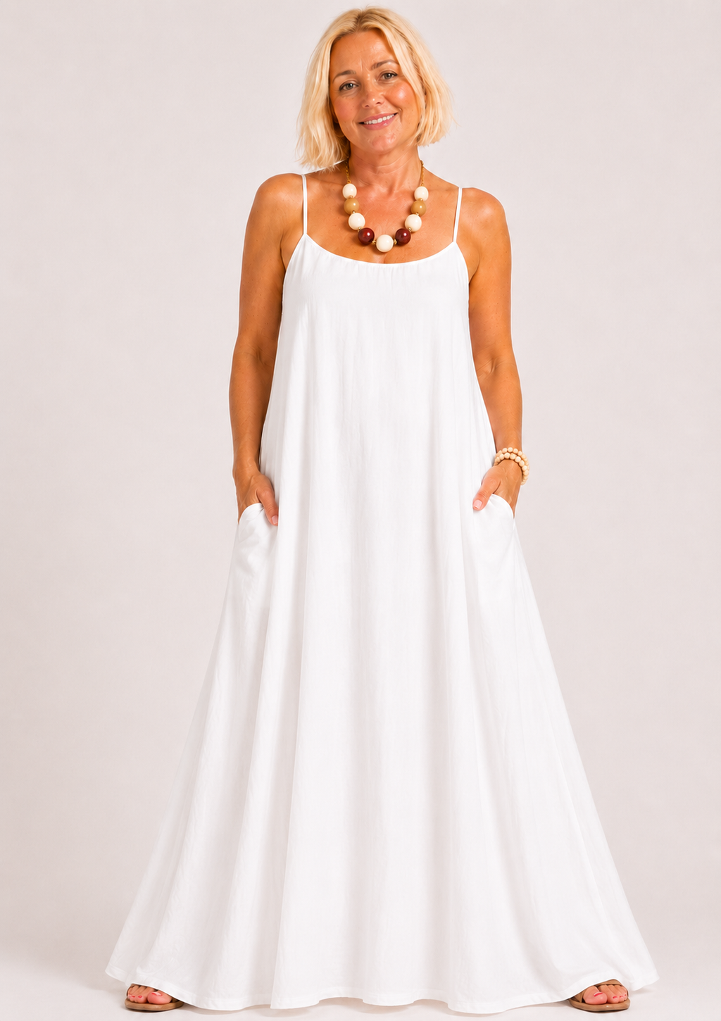 Square Neck Spaghetti Strap Maxi Dress with Pockets - White