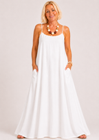 Square Neck Spaghetti Strap Maxi Dress with Pockets - White