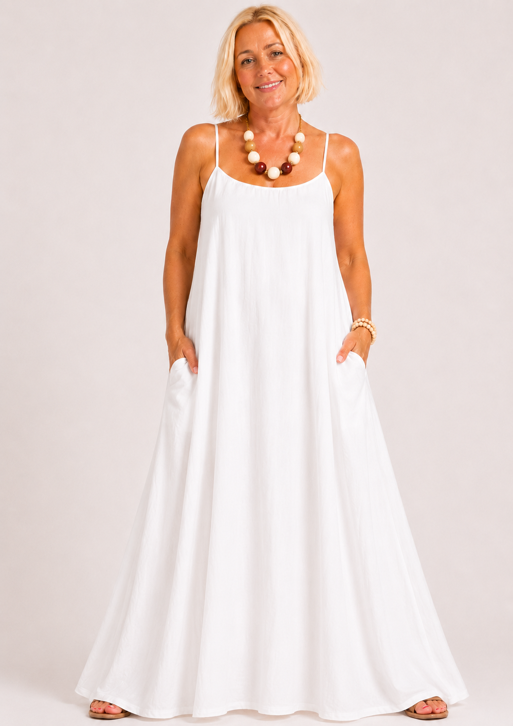 Square Neck Spaghetti Strap Maxi Dress with Pockets - White