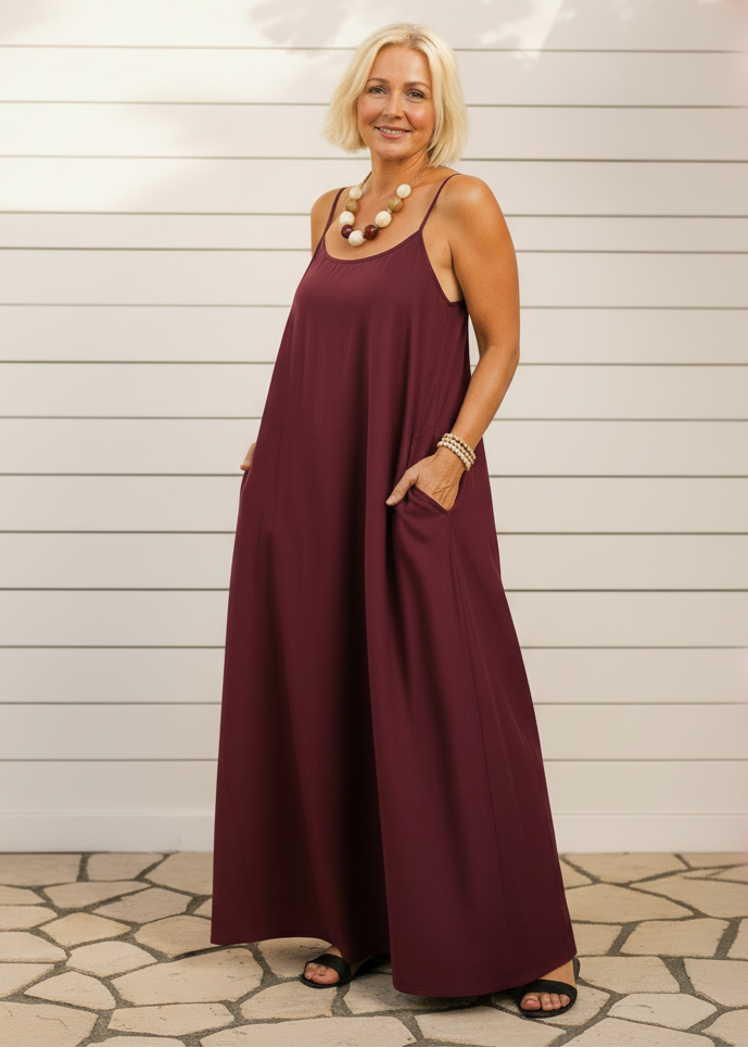 Square Neck Spaghetti Strap Maxi Dress with Pockets - Wine