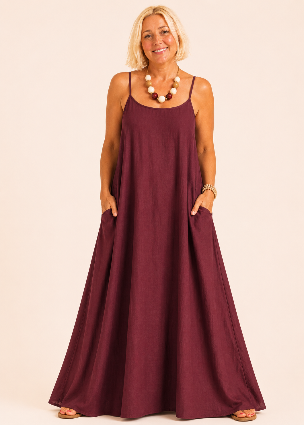 Square Neck Spaghetti Strap Maxi Dress with Pockets - Wine