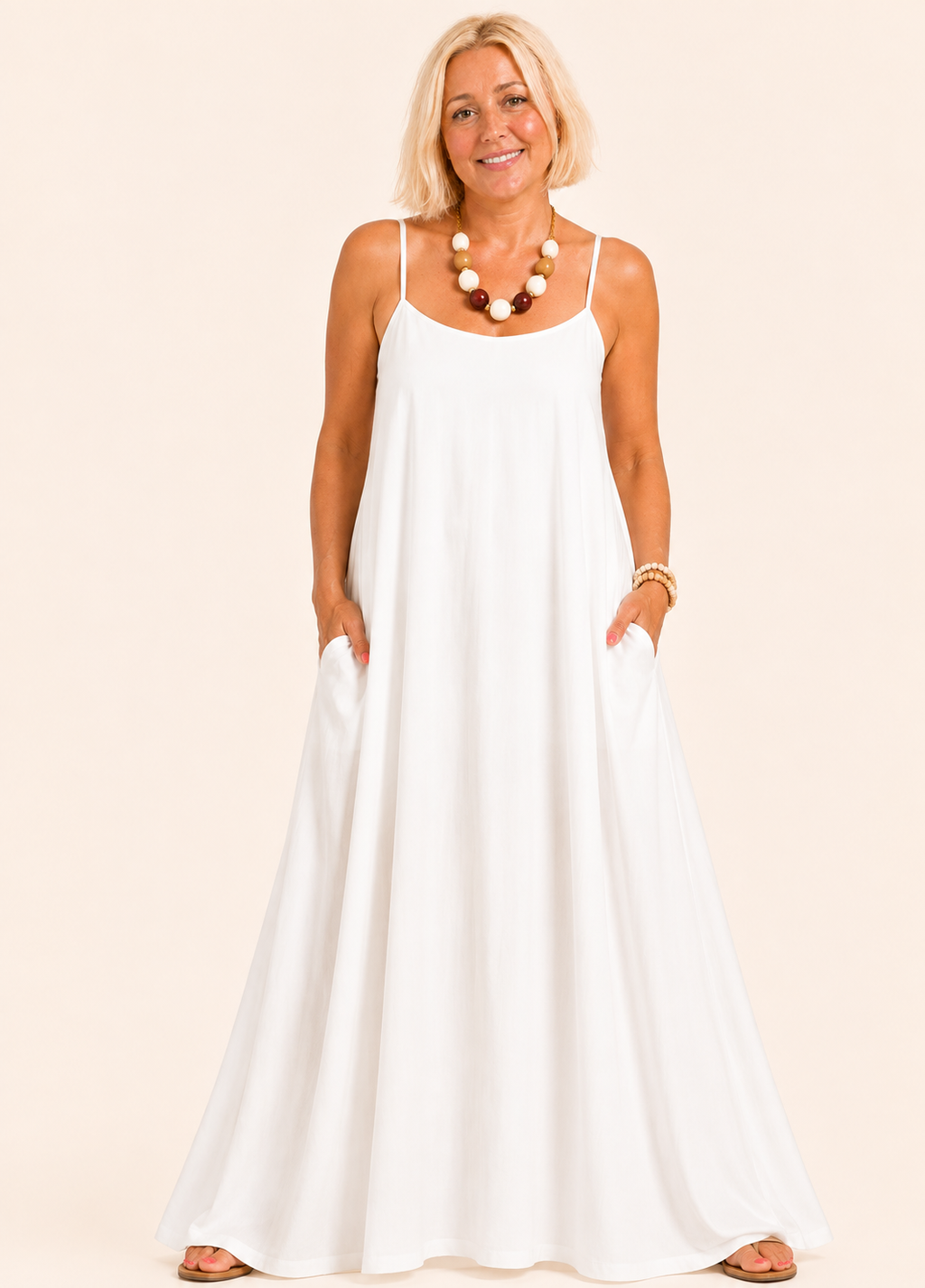 Square Neck Spaghetti Strap Maxi Dress with Pockets - White