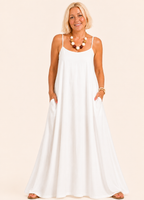 Square Neck Spaghetti Strap Maxi Dress with Pockets - White