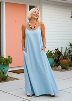 Square Neck Spaghetti Strap Maxi Dress with Pockets - Light Blue