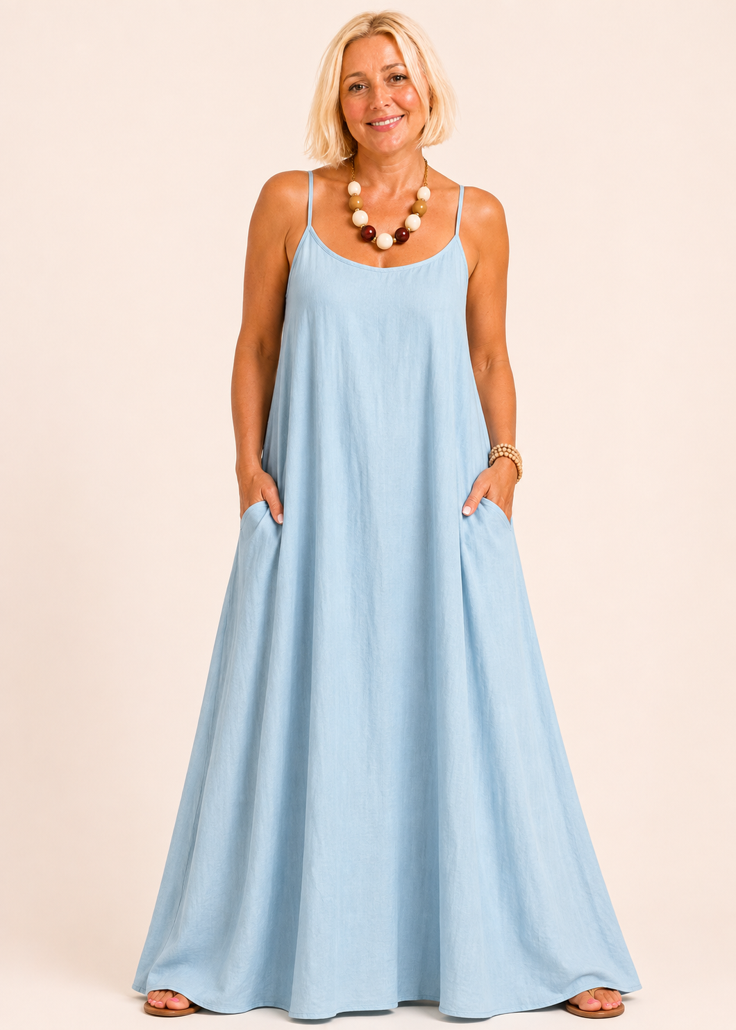 Square Neck Spaghetti Strap Maxi Dress with Pockets - Light Blue
