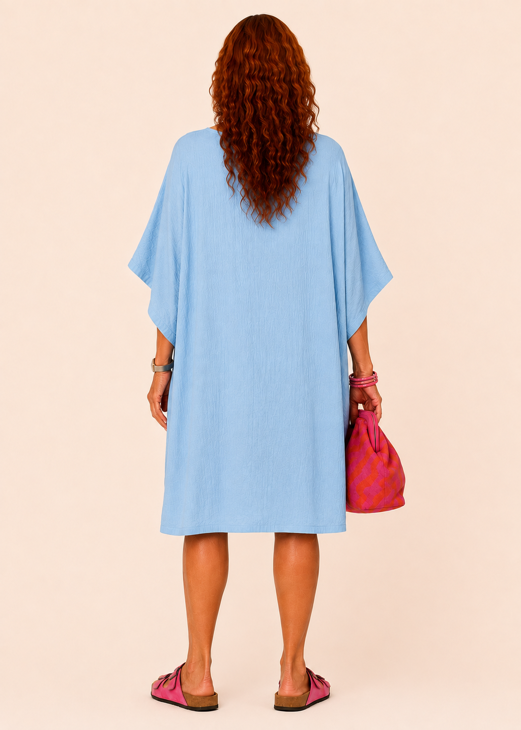 Oversized Batwing Mini Dress with Pockets - Light Blue