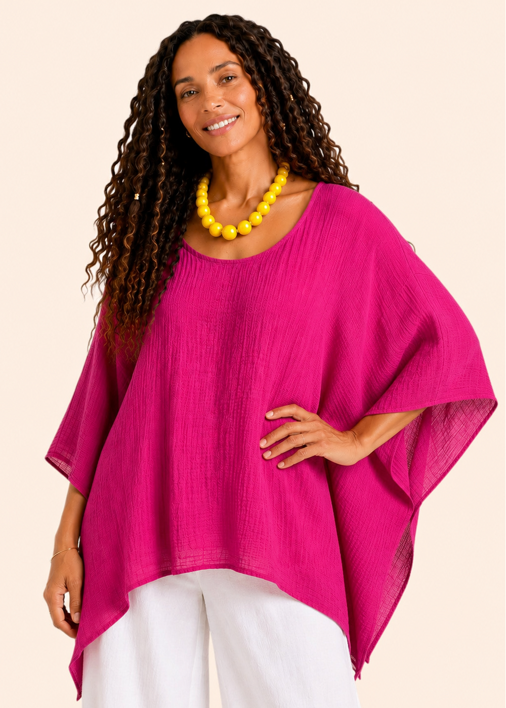 Oversized Batwing Tunic Top with Hanky Hem - Pink