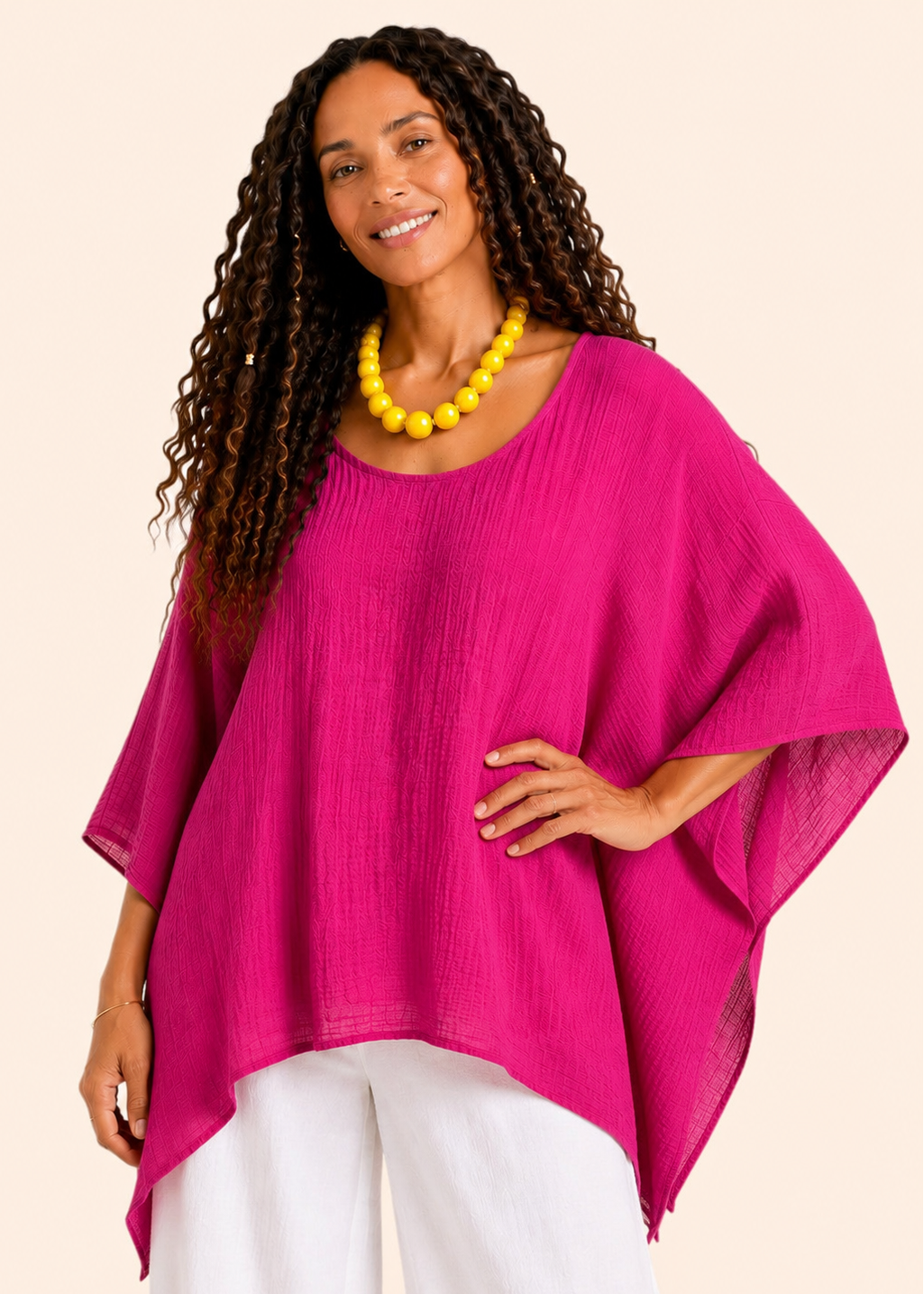 Oversized Batwing Tunic Top with Hanky Hem - Pink