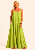 Square Neck Spaghetti Strap Maxi Dress with Pockets - Lime