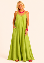 Square Neck Spaghetti Strap Maxi Dress with Pockets - Lime