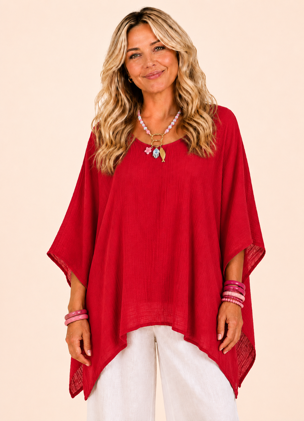 Oversized Batwing Tunic Top with Hanky Hem - Red