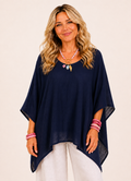 Oversized Batwing Tunic Top with Hanky Hem - Navy
