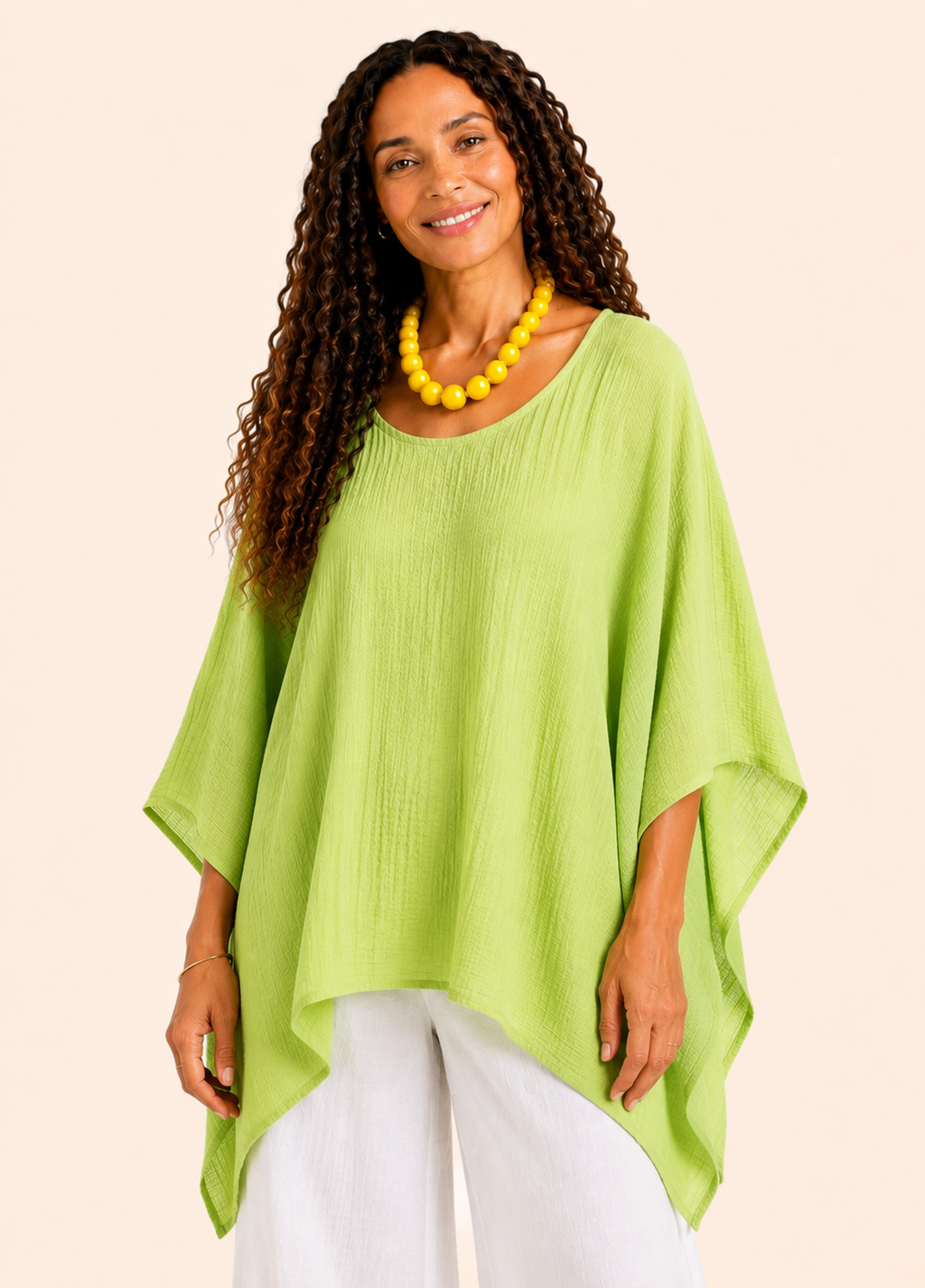 Oversized Batwing Tunic Top with Hanky Hem - Lime