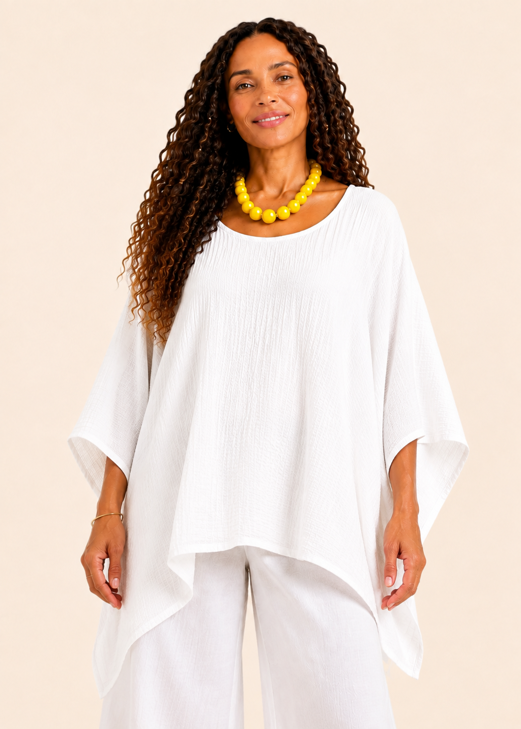 Oversized Batwing Tunic Top with Hanky Hem - White