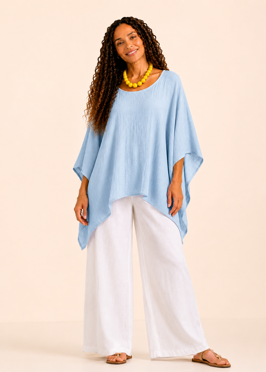 Oversized Batwing Tunic Top with Hanky Hem - Light Blue