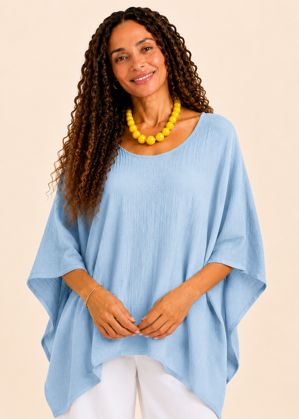 Oversized Batwing Tunic Top with Hanky Hem - Light Blue