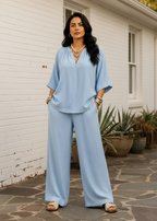 V-Neck Relaxed Linen Blend Pants Set - Light Blue