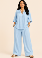 V-Neck Relaxed Linen Blend Pants Set - Light Blue