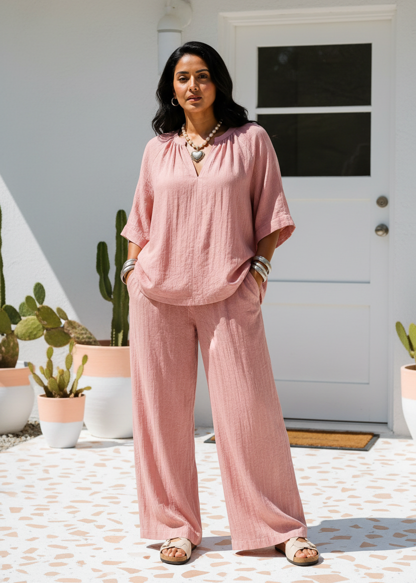 V-Neck Relaxed Linen Blend Pants Set - Blush