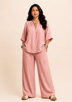 V-Neck Relaxed Linen Blend Pants Set - Blush