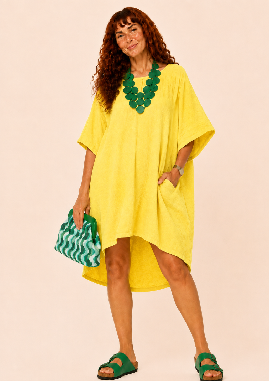Oversized Batwing Mini Dress with Pockets - Yellow