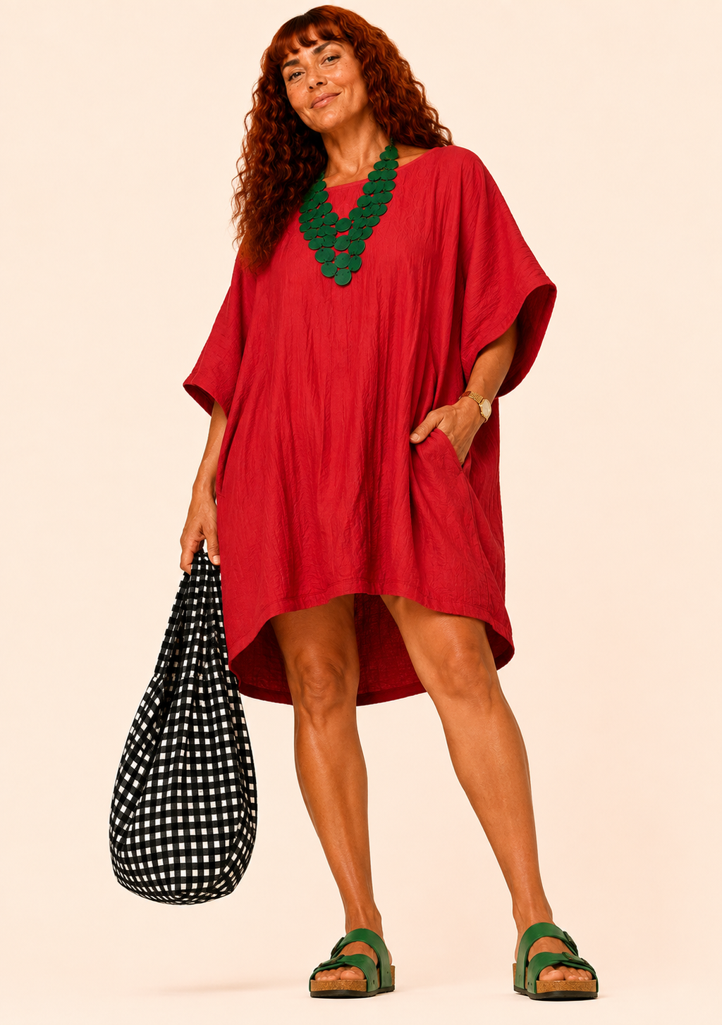Oversized Batwing Mini Dress with Pockets - Red