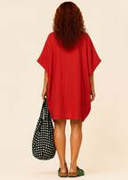 Oversized Batwing Mini Dress with Pockets - Red