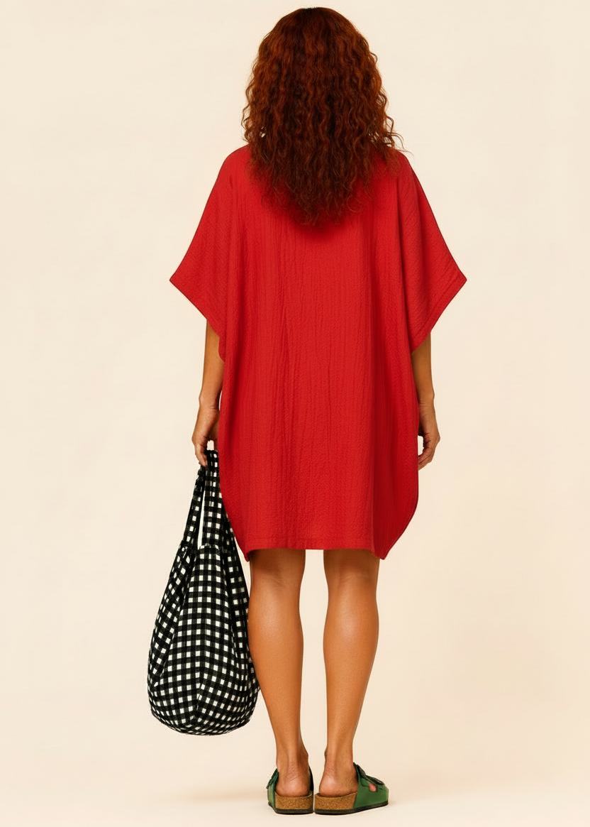 Oversized Batwing Mini Dress with Pockets - Red