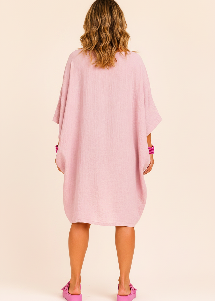 Oversized Batwing Mini Dress with Pockets - Light Pink